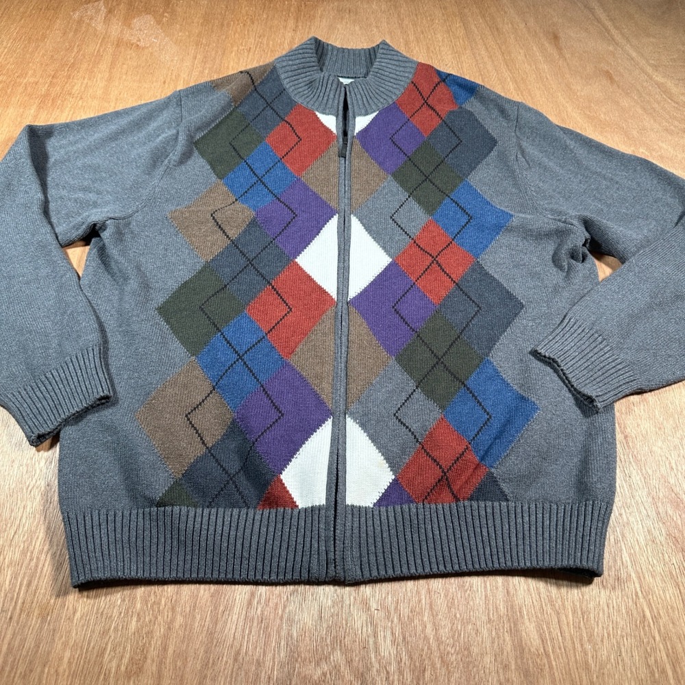 Southern Pines XL Argyle Zip Cardigan Sweater Gray Cotton Blend Preppy Golf